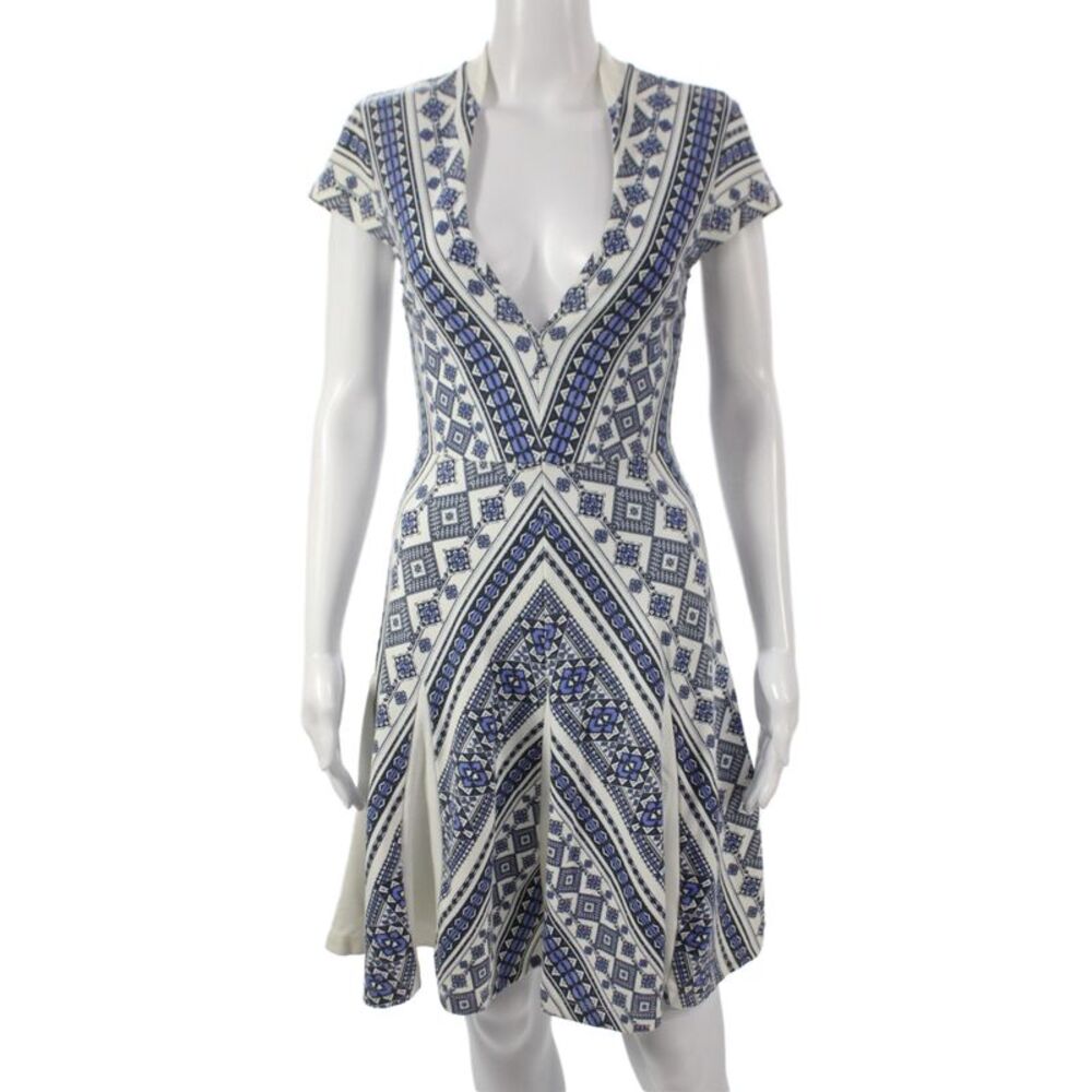 Pencey Women Fit & Flare V-Neck Short Sleeve Blue Geometric Dress Size 0